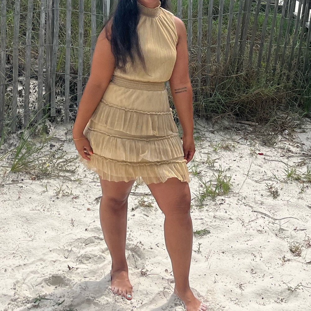 Gold Sleeveless Ruffle Dress